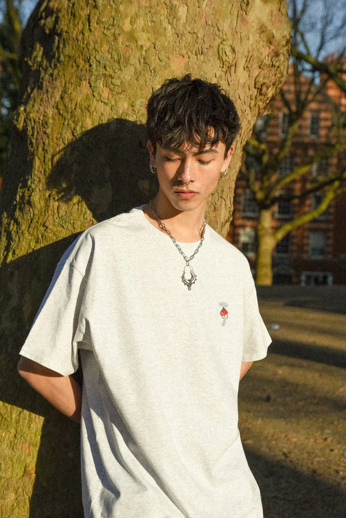 Short Sleeved T-shirt in Ash Grey with Sup Bro! Mushroom Embroidery sold by Dream But Do Not Sleep