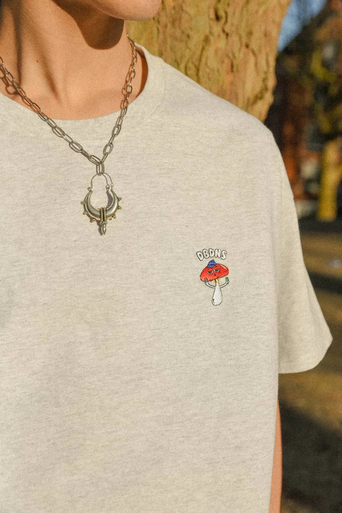 Short Sleeved T-shirt in Ash Grey with Sup Bro! Mushroom Embroidery sold by Dream But Do Not Sleep product image thumbnail 3