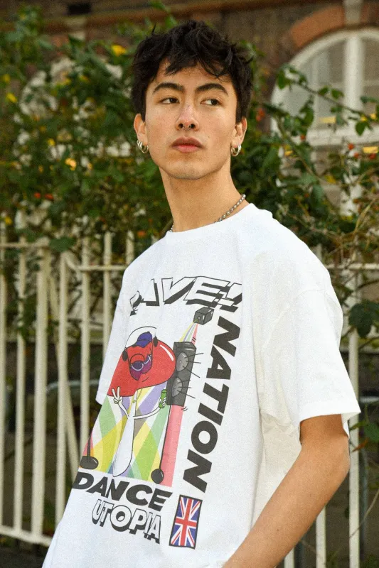 Short Sleeved T-shirt in White with Mushroom Rave Nation Print sold by Dream But Do Not Sleep