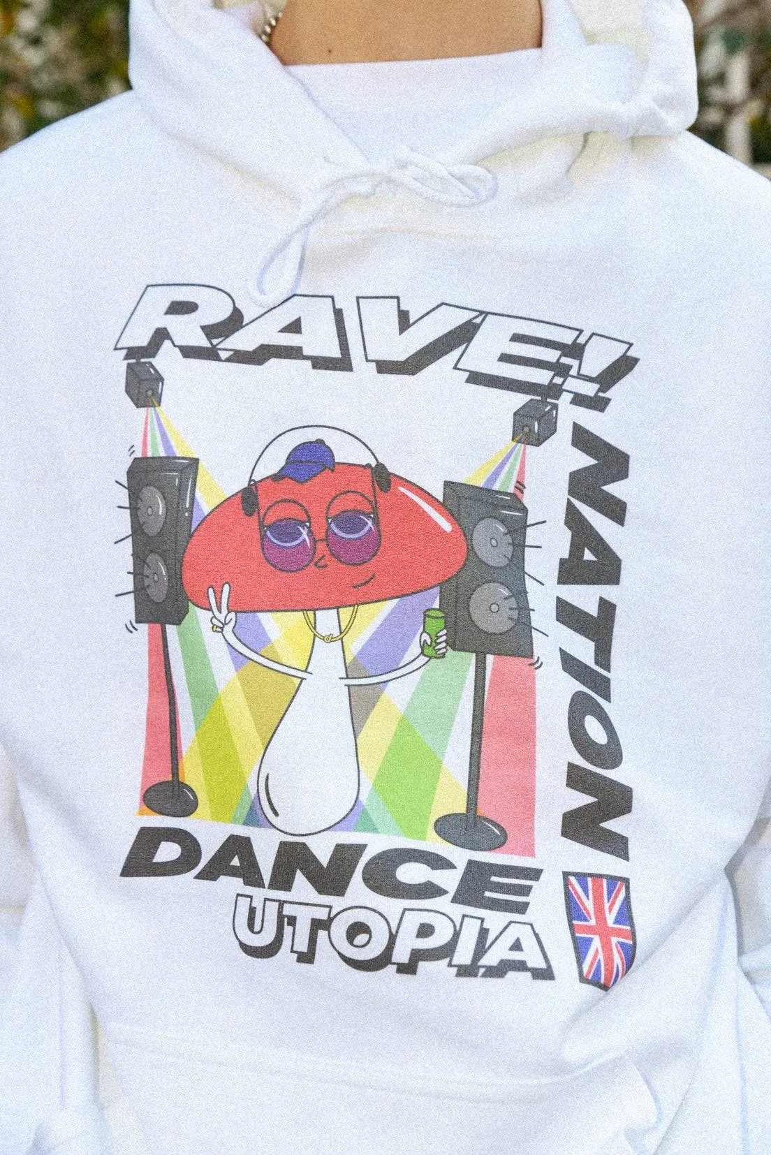 Hoodie in White with Mushroom Rave Nation Print sold by Dream But Do Not Sleep product image thumbnail 4
