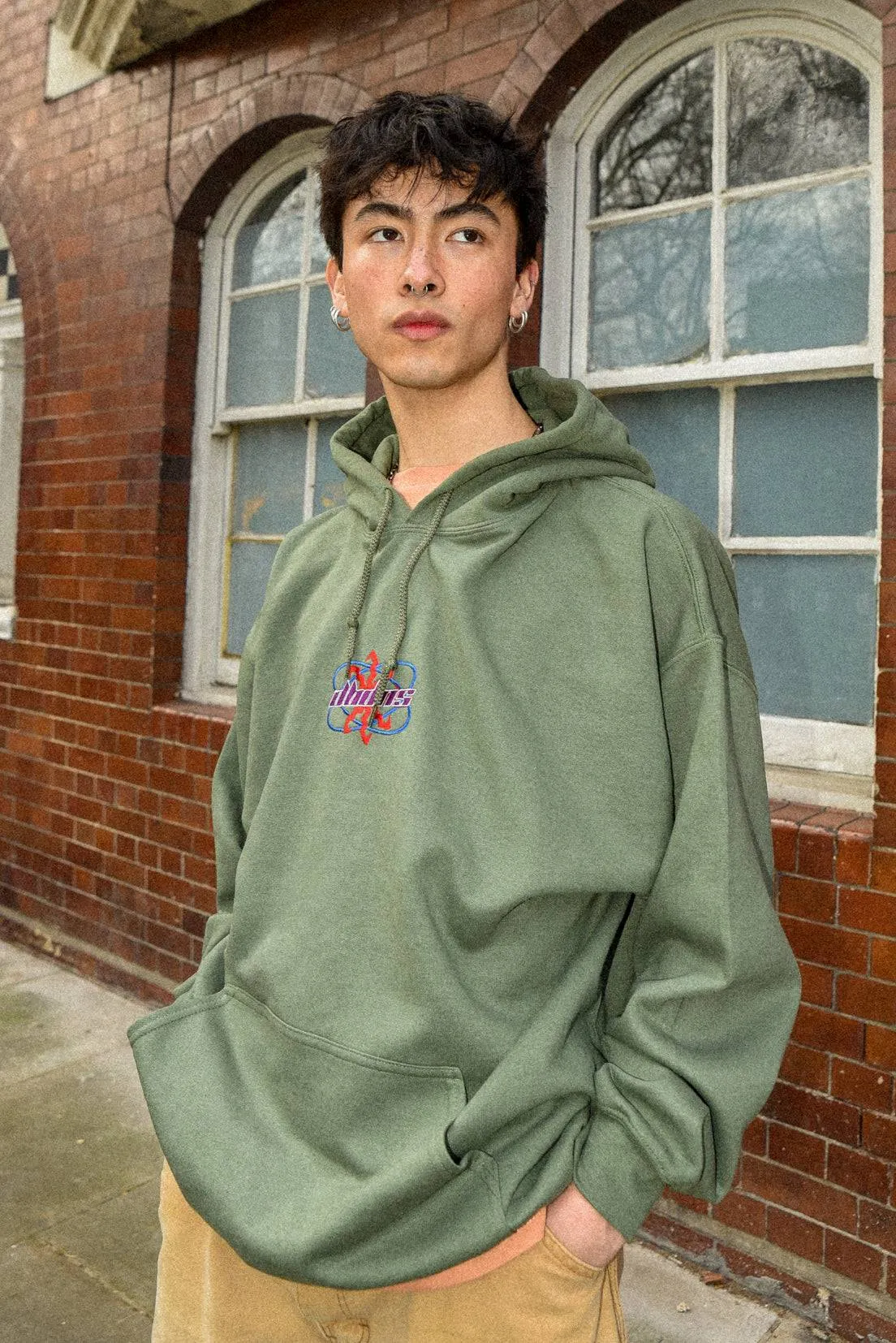 Hoodie in Military Green with Futuristic Logo Embroidery sold by Dream But Do Not Sleep product image thumbnail 2