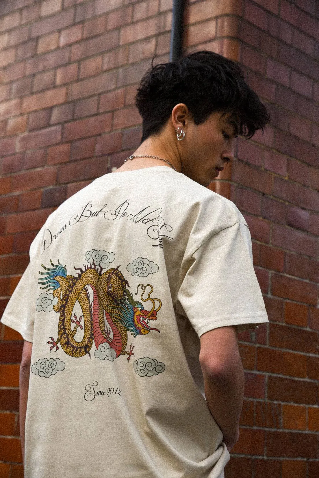Short Sleeved T-shirt in Sand With Chinese Dragon Print sold by Dream But Do Not Sleep