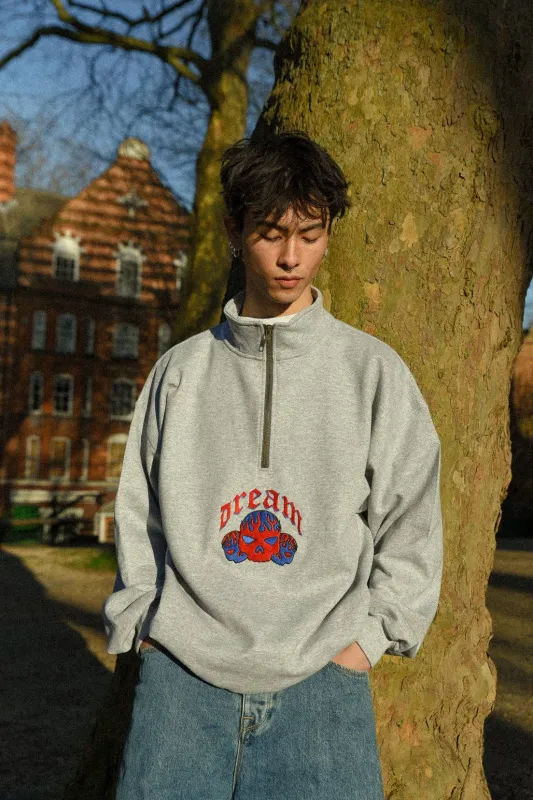 1/4 Zip Sweatshirt in Heather Grey Flaming Skull Embroidery sold by Dream But Do Not Sleep