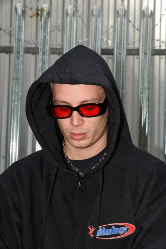 Zip Hoodie in Black Futuristic Logo Embroidery sold by Dream But Do Not Sleep