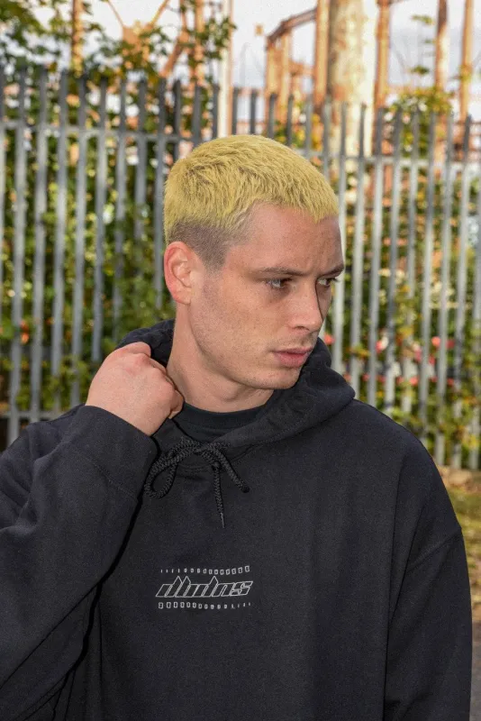 Hoodie in Black with DBDNS Futuristic Logo Embroidery sold by Dream But Do Not Sleep