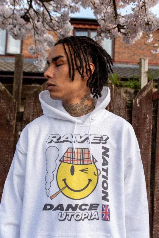 Heavyweight Hoodie in White With Rave Nation Print sold by Dream But Do Not Sleep