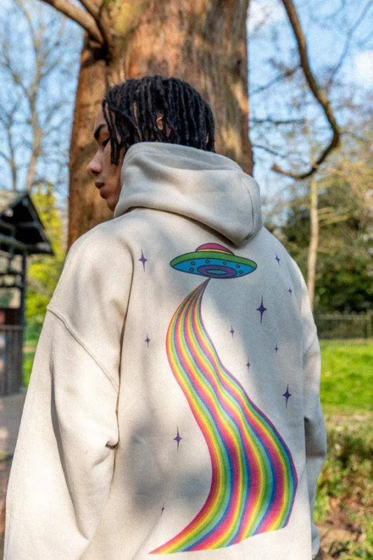 Hoodie In Sand With Trippy Alien Invasion Print sold by Dream But Do Not Sleep