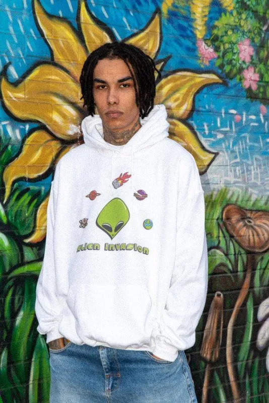 Heavyweight Hoodie in White With Alien Invasion Print sold by Dream But Do Not Sleep