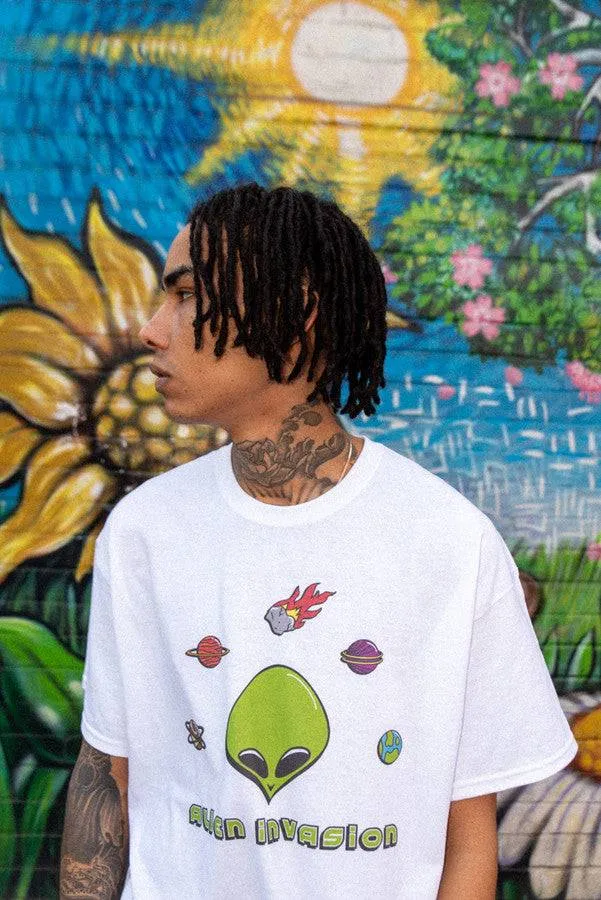 Short Sleeved T-Shirt in White With Alien Invasion Print sold by Dream But Do Not Sleep