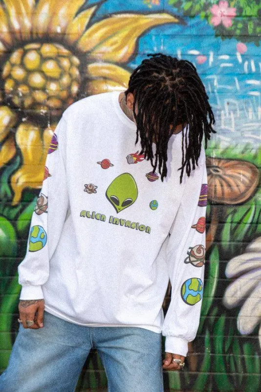 Long Sleeved T-Shirt in White With Alien Invasion Print sold by Dream But Do Not Sleep