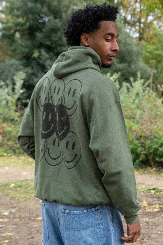 Hoodie in Military Green with 90s Rave Smiley Print sold by Dream But Do Not Sleep