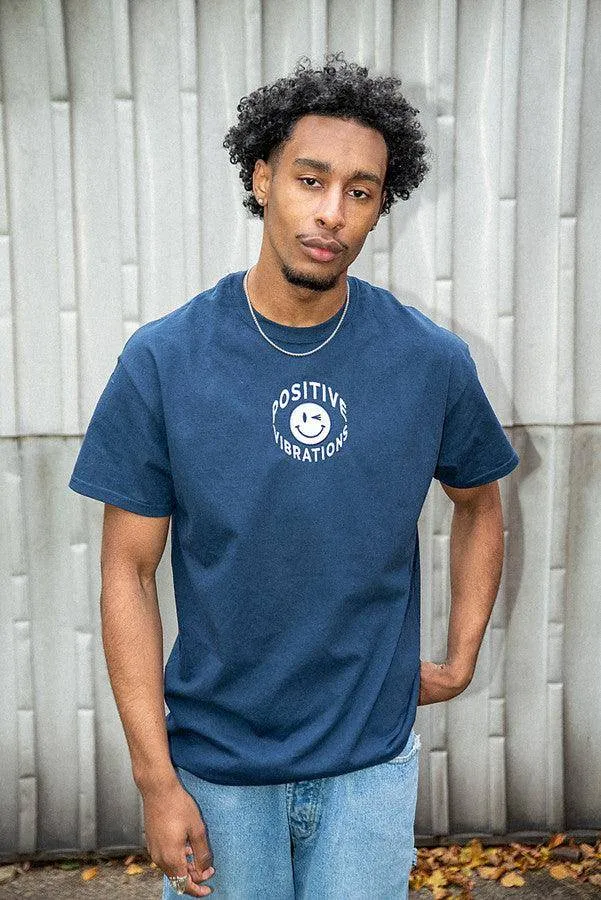T-Shirt in Navy 90s Rave Smiley Positive Vibrations Embroidery sold by Dream But Do Not Sleep