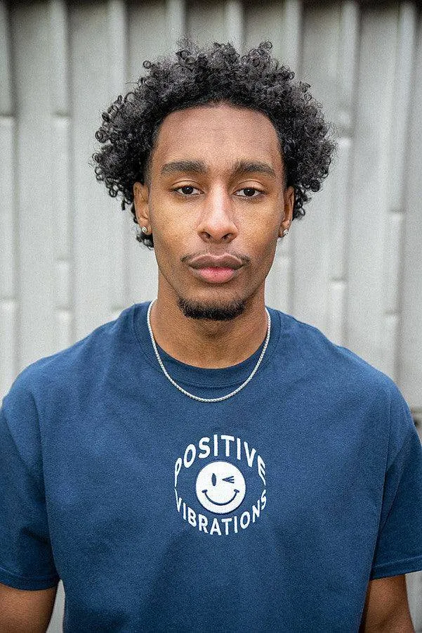 T-Shirt in Navy 90s Rave Smiley Positive Vibrations Embroidery sold by Dream But Do Not Sleep product image thumbnail 2