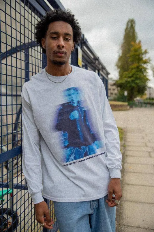 Long Sleeved T-Shirt in Ash Grey With Lost In Motion Infrared Print sold by Dream But Do Not Sleep