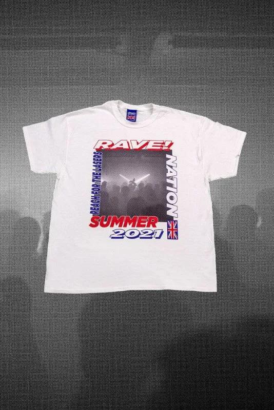 Short Sleeved T-shirt in White with Reach For The Lasers Print sold by Dream But Do Not Sleep