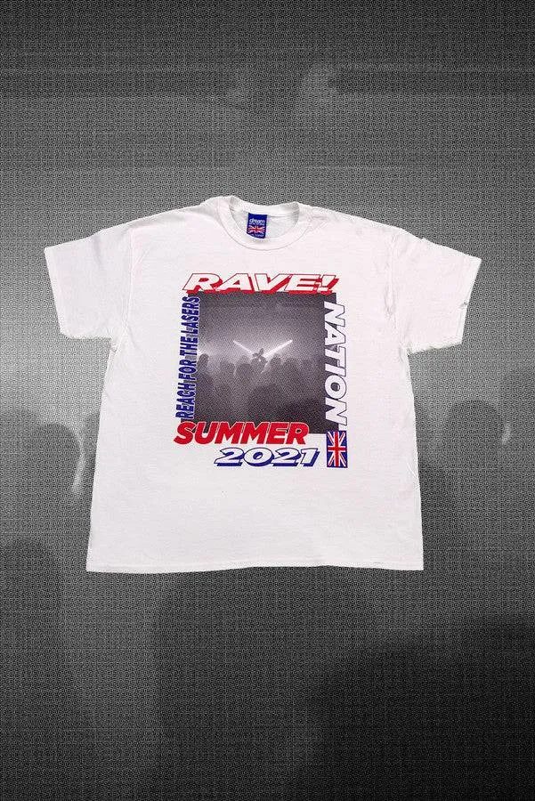 Short Sleeved T-shirt in White with Reach For The Lasers Print sold by Dream But Do Not Sleep