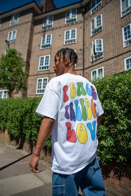 Short Sleeved T-shirt in White with Peace, Love and Freedom sold by Dream But Do Not Sleep