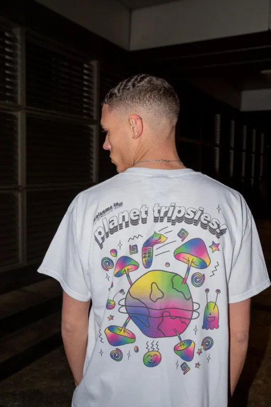 Short Sleeved T-shirt in White with Planet Tripsies Print sold by Dream But Do Not Sleep