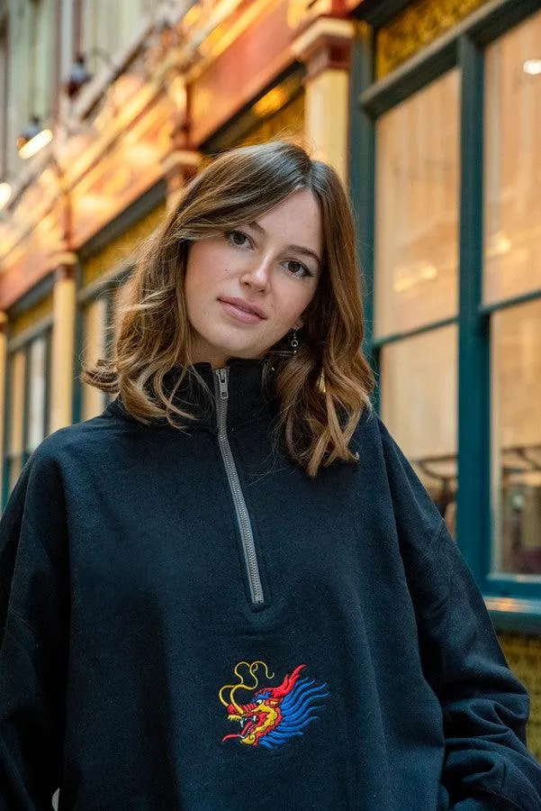 1-4 Zip Sweatshirt in Black With Chinese Dragon Embroidery sold by Dream But Do Not Sleep