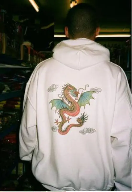 440gsm Hoodie in White With Chinese Dragon Print made by Dream But Do Not Sleep