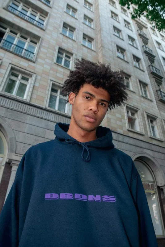 Hoodie in Navy with Purple Logo Embroidery sold by Dream But Do Not Sleep