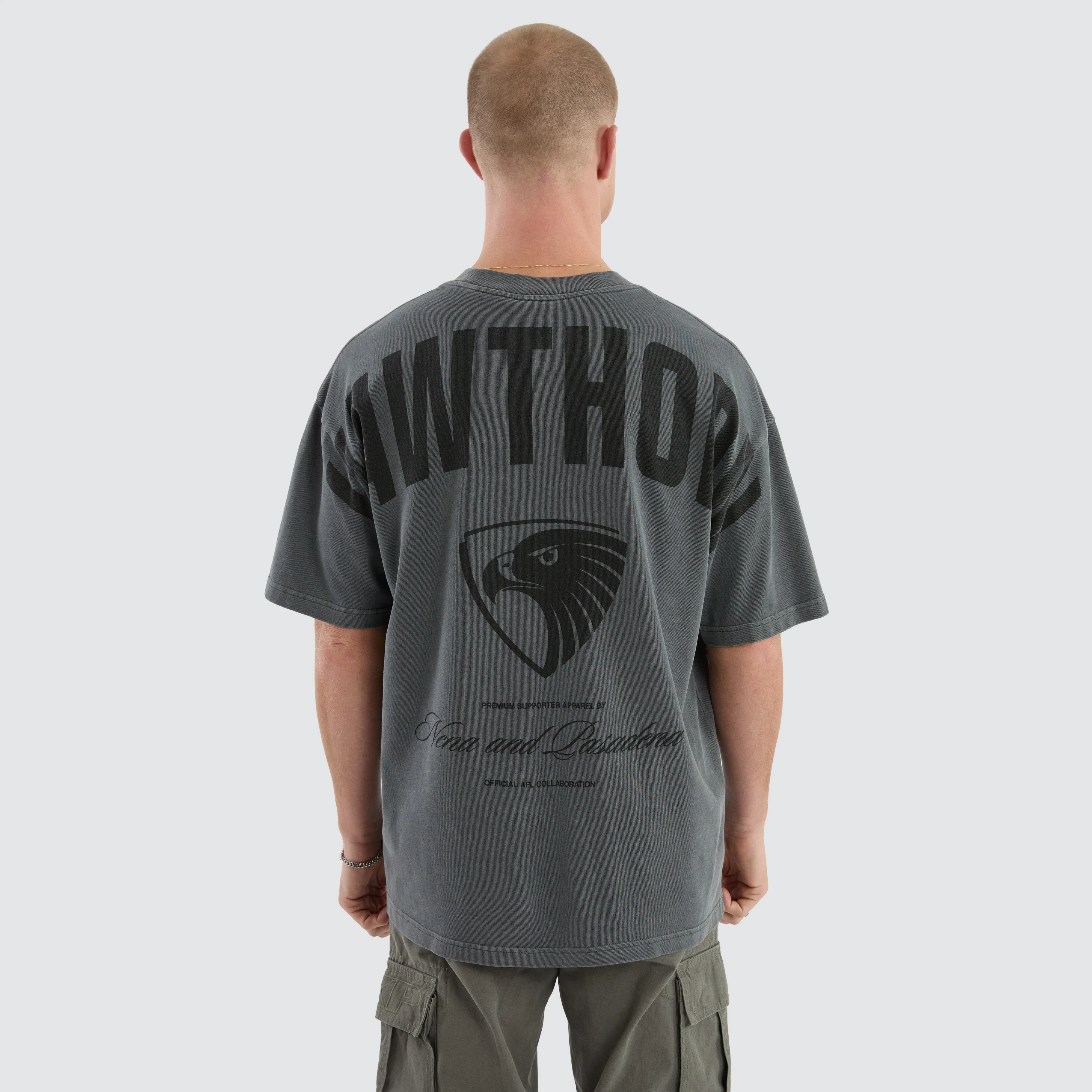 Hawthorn Hawks Hunter Tee Pigment Charcoal sold by Nena and Pasadena