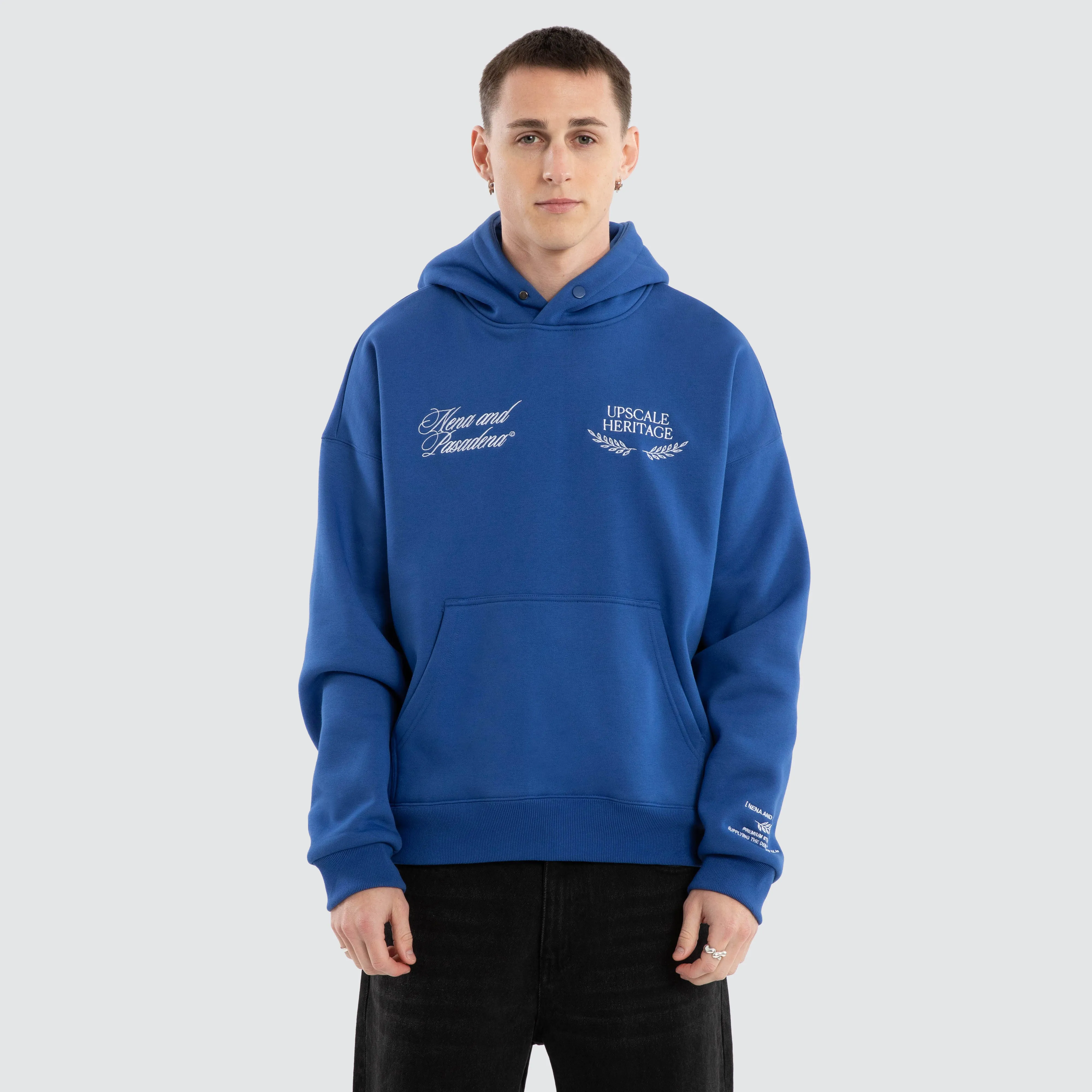 Etiquette Box Fit Hoodie Cobalt Blue sold by Nena and Pasadena