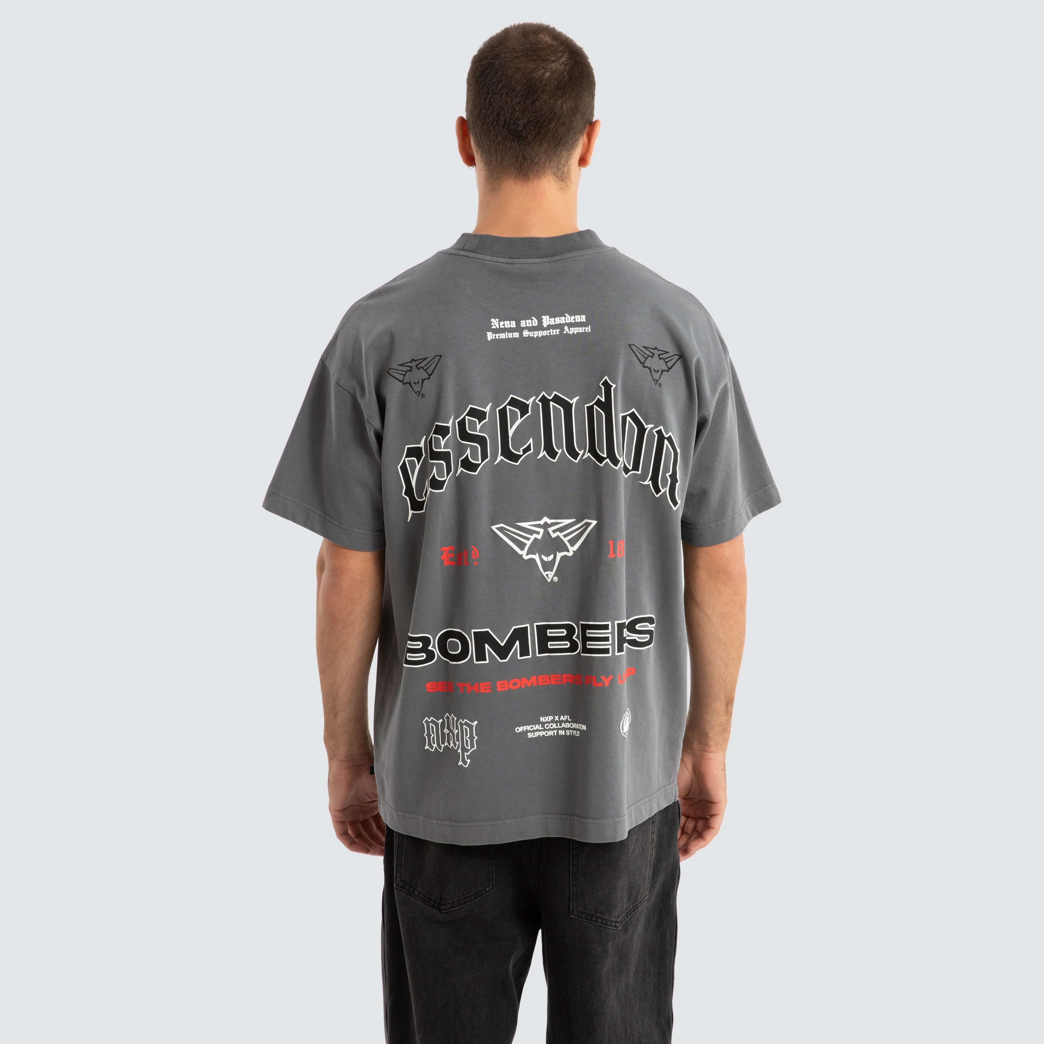 Essendon Bombers AFL Stack Tee Pigment Charcoal sold by Nena and Pasadena