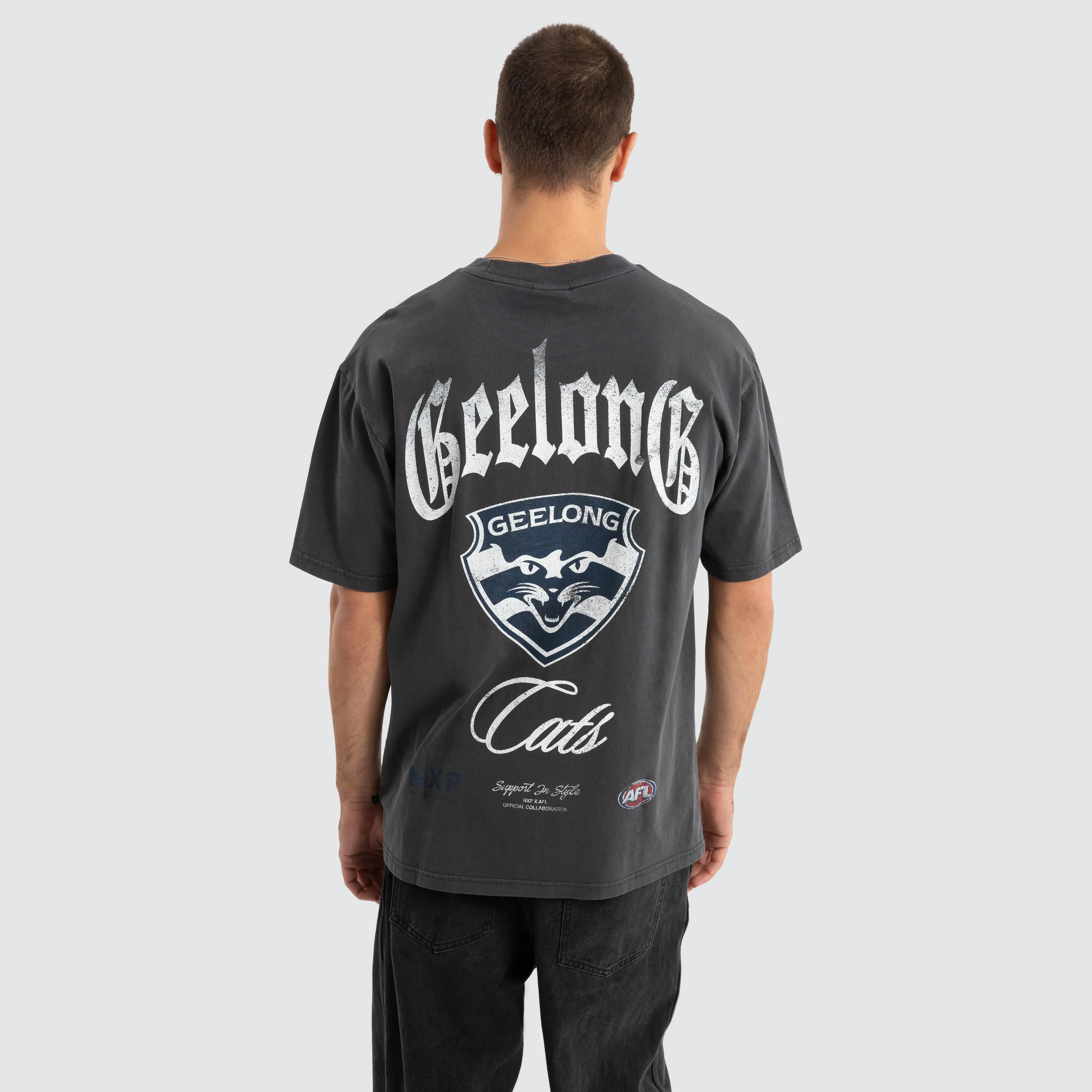 Geelong Cats AFL Vintage Goth Tee Pigment Asphalt sold by Nena and Pasadena