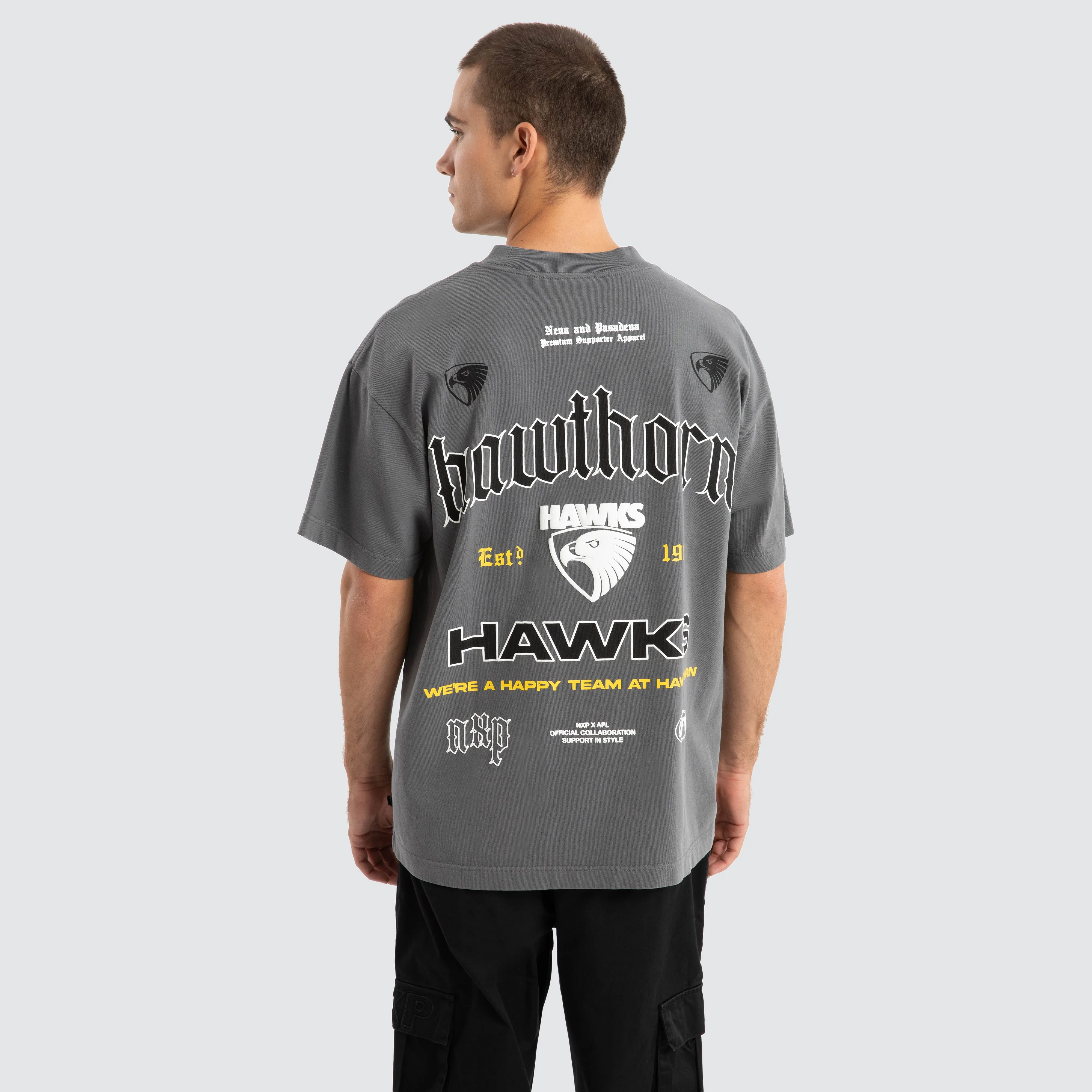 Hawthorn Hawks AFL Stack Tee Pigment Charcoal sold by Nena and Pasadena