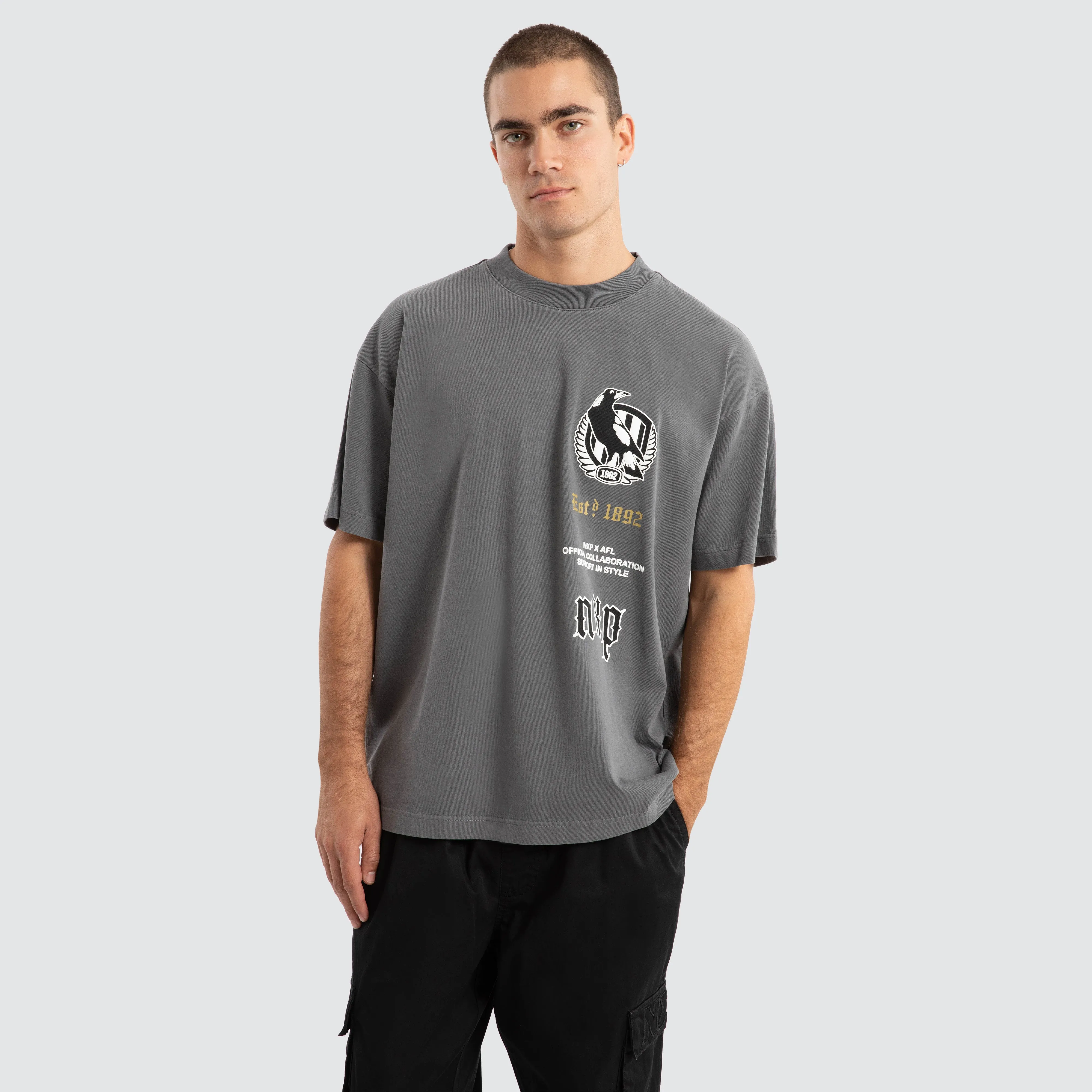 Collingwood Magpies AFL Stack Tee Pigment Charcoal sold by Nena and Pasadena product image thumbnail 2