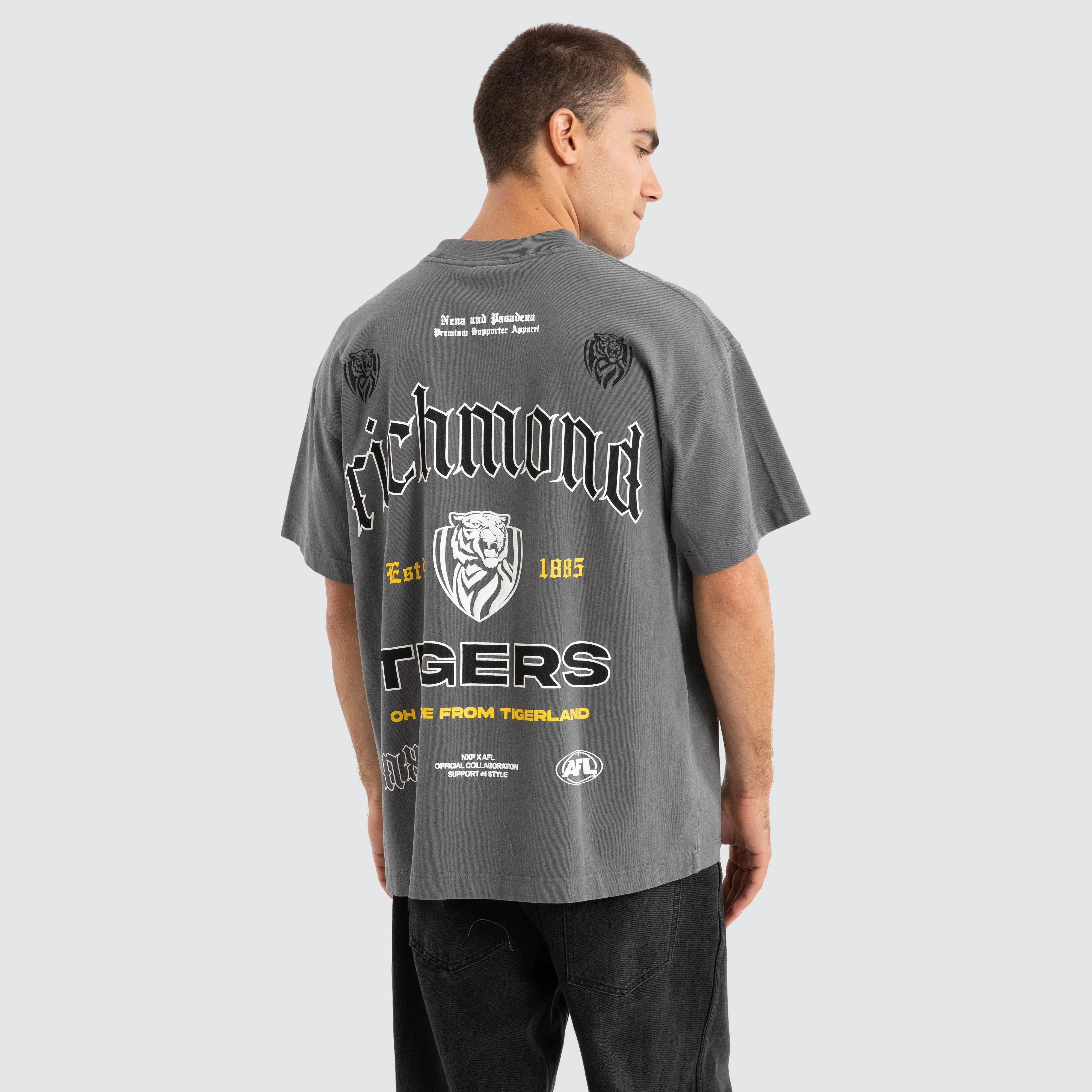 Richmond Tigers AFL Stack Tee Pigment Charcoal sold by Nena and Pasadena