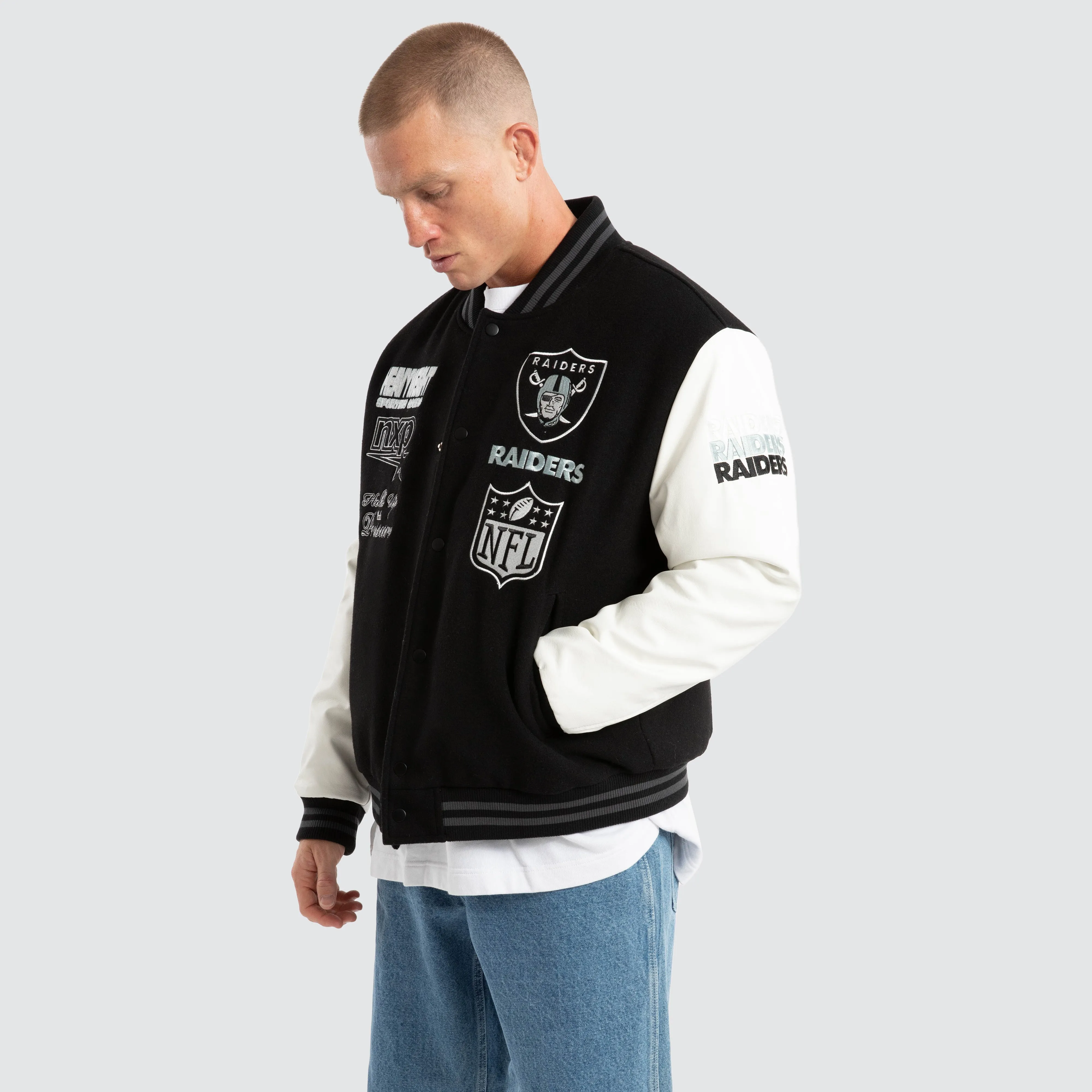 Las Vegas Raiders Huddle Varsity Jacket Black/White sold by Nena and Pasadena product image thumbnail 5