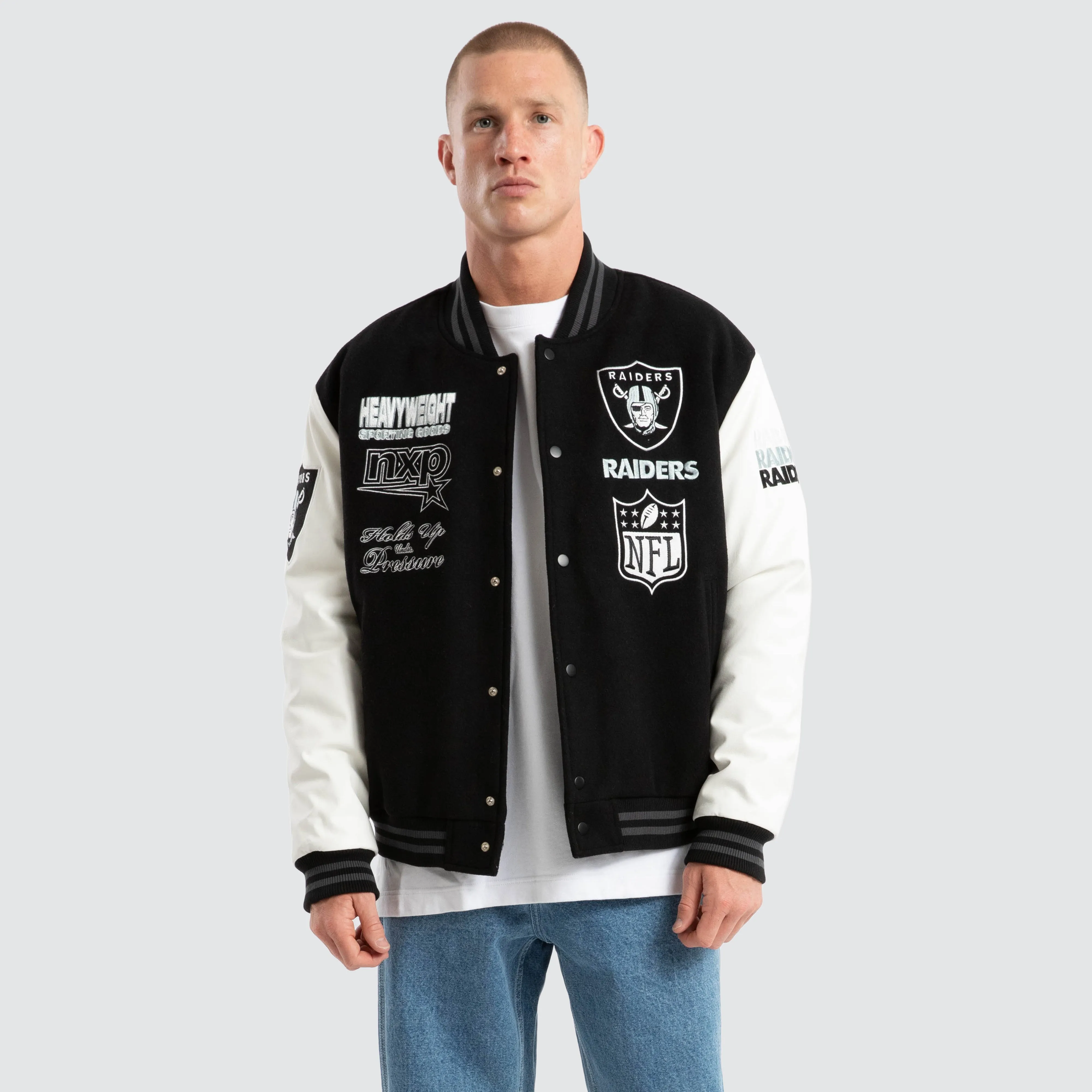 Las Vegas Raiders Huddle Varsity Jacket Black/White sold by Nena and Pasadena product image thumbnail 4