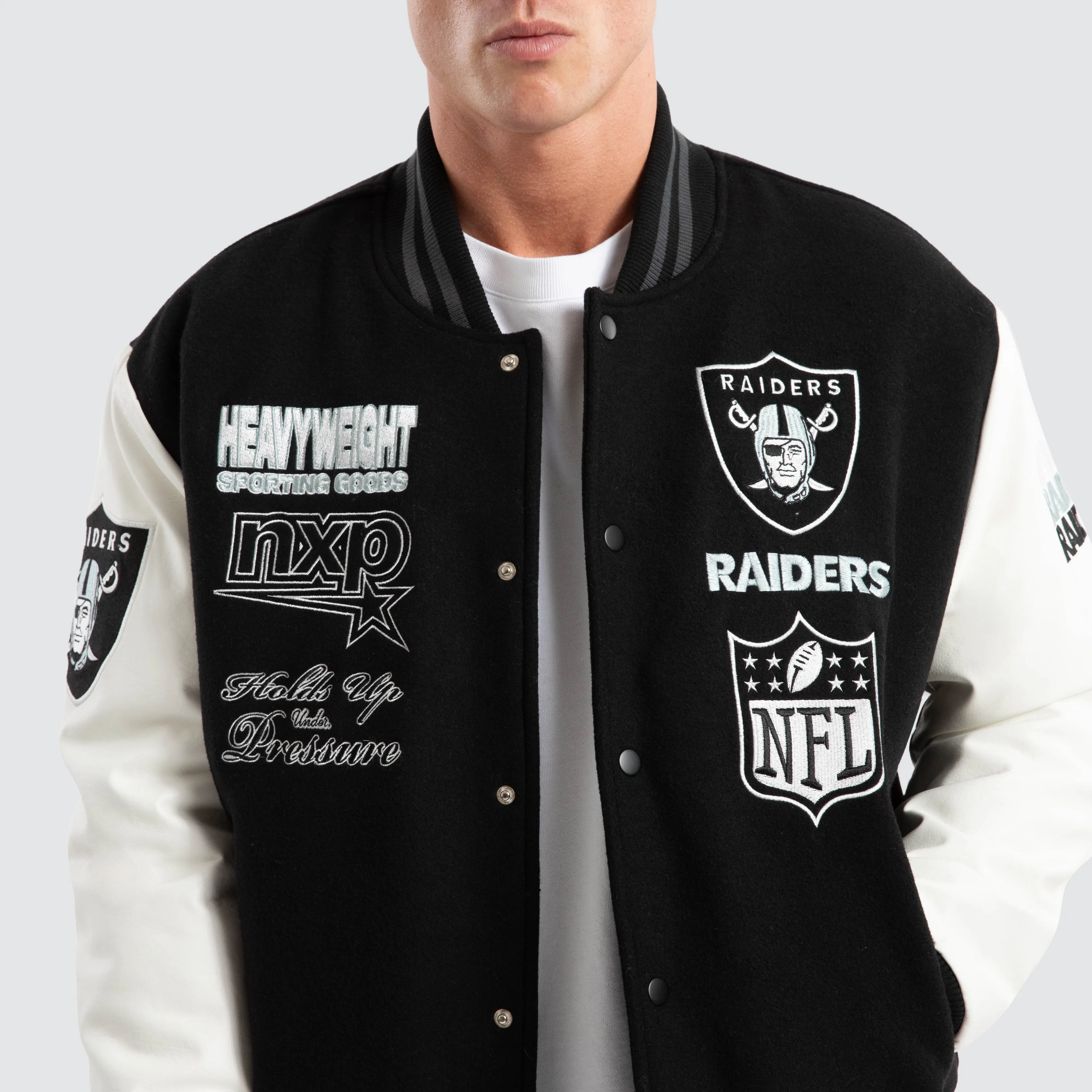 Las Vegas Raiders Huddle Varsity Jacket Black/White sold by Nena and Pasadena product image thumbnail 3