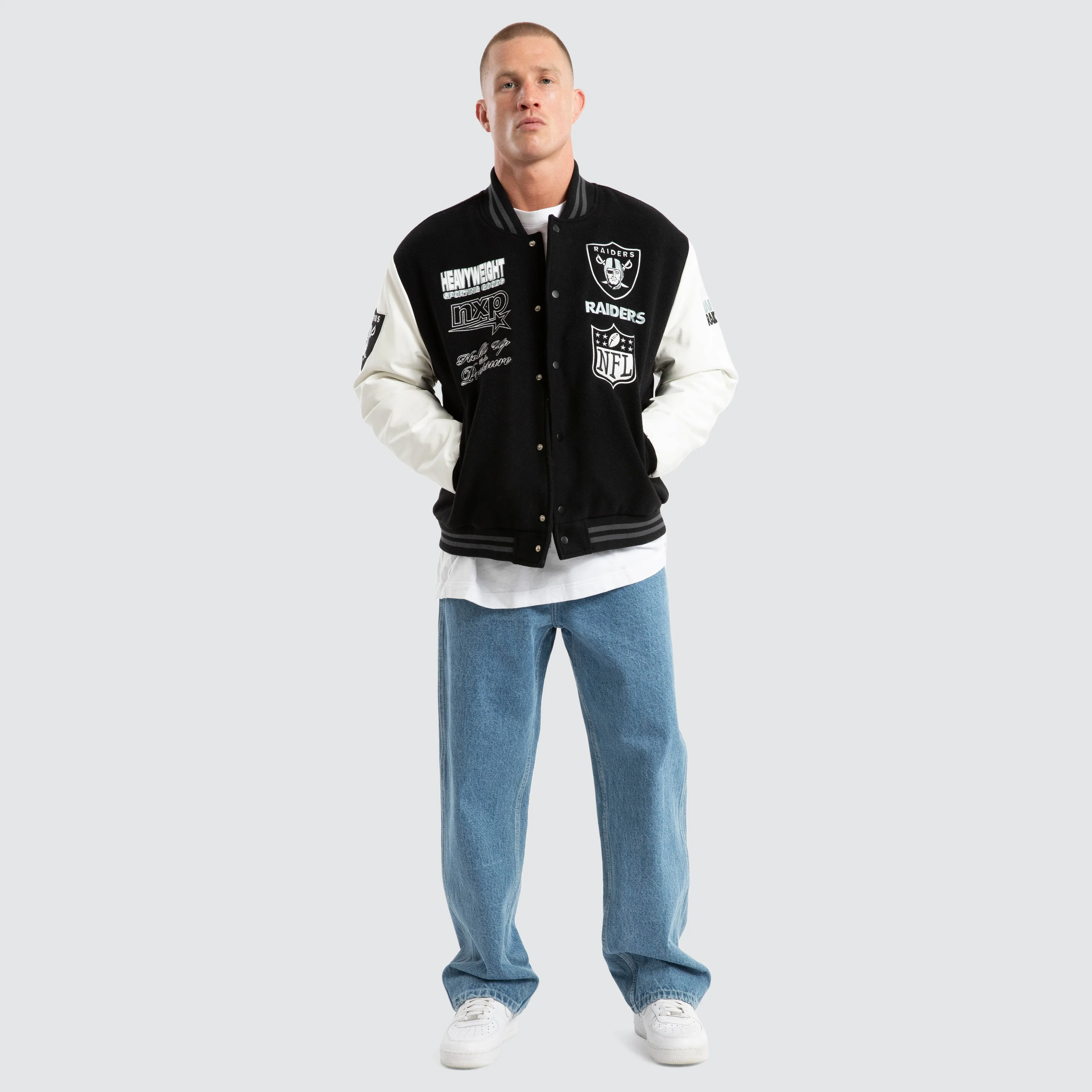 Las Vegas Raiders Huddle Varsity Jacket Black/White sold by Nena and Pasadena product image thumbnail 2