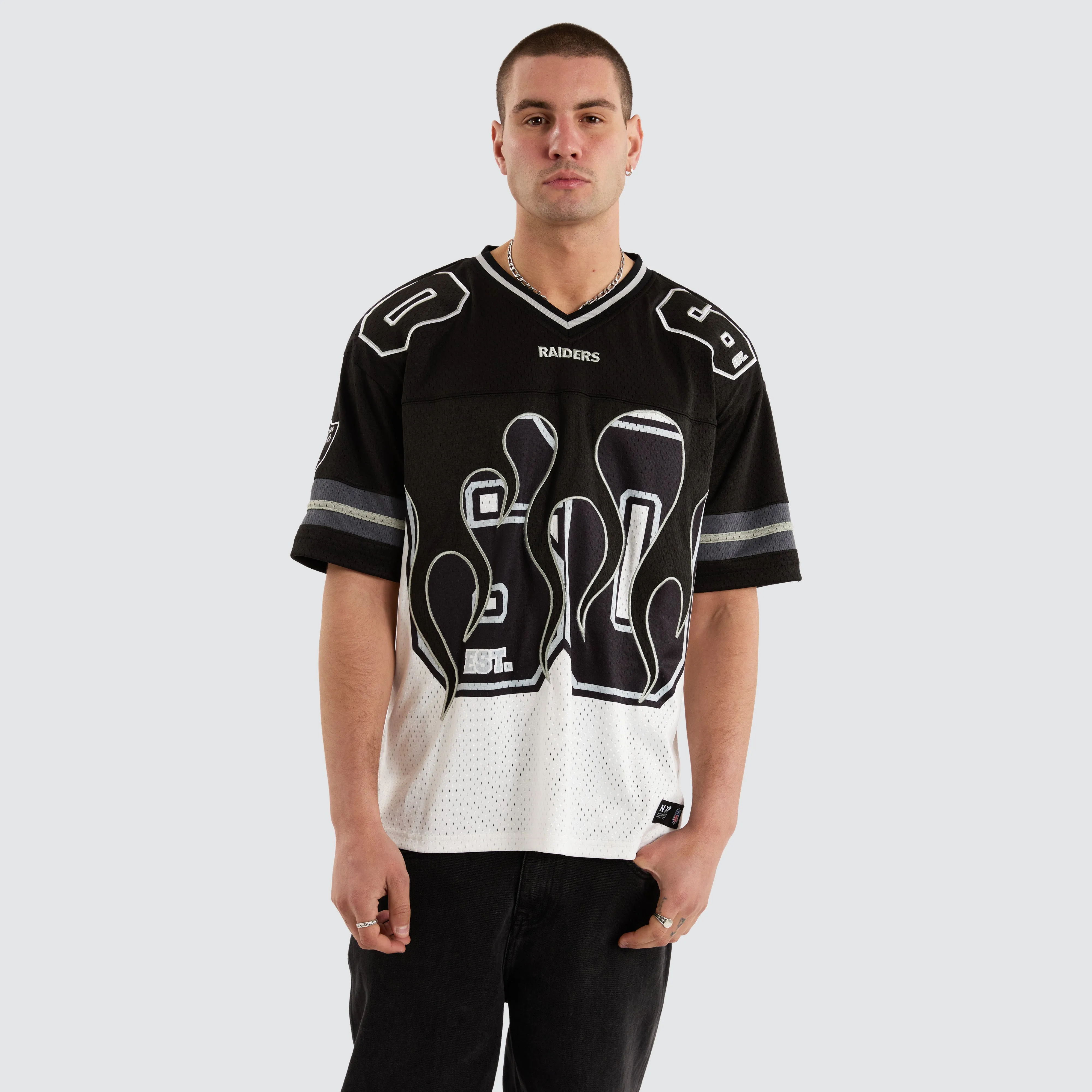 Las Vegas Raiders NFL Flame Jersey Tee Black/White sold by Nena and Pasadena