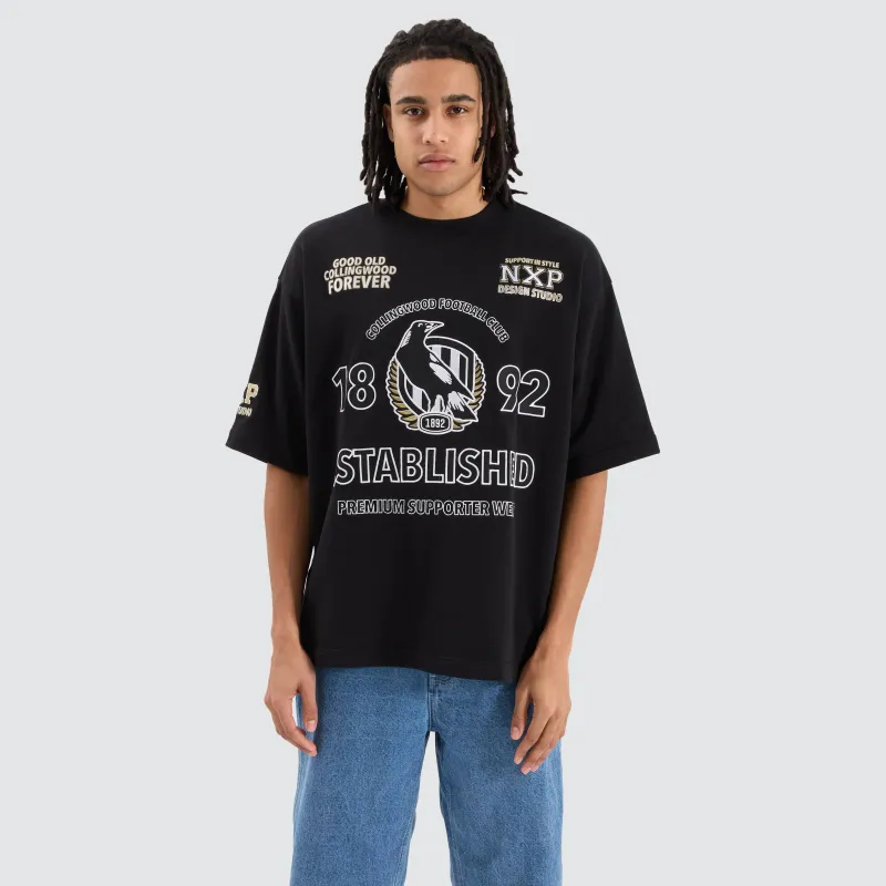 Collingwood Magpies AFL Mega Loopback Tee Jet Black sold by Nena and Pasadena