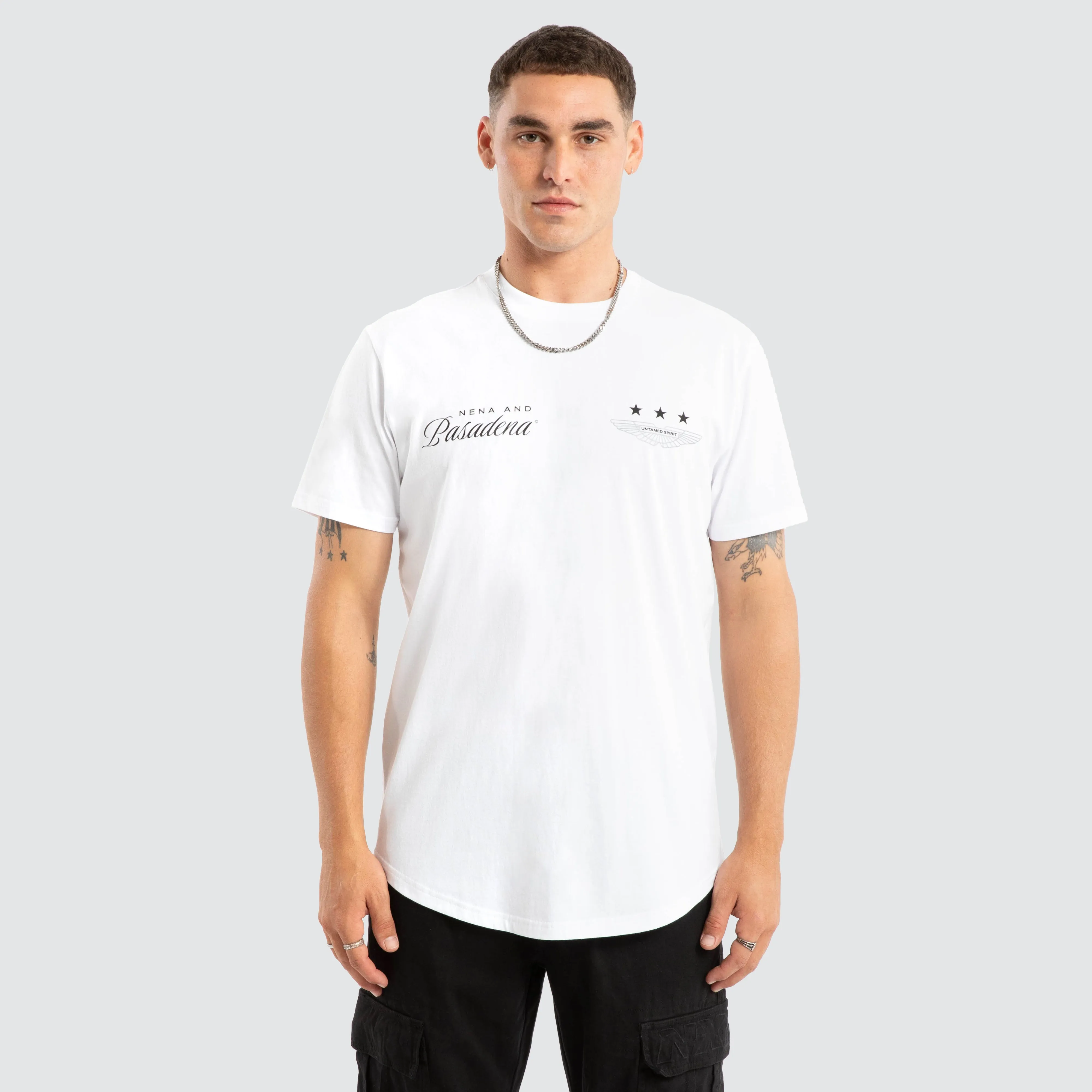 Pledge Dual Curved Tee White sold by Nena and Pasadena