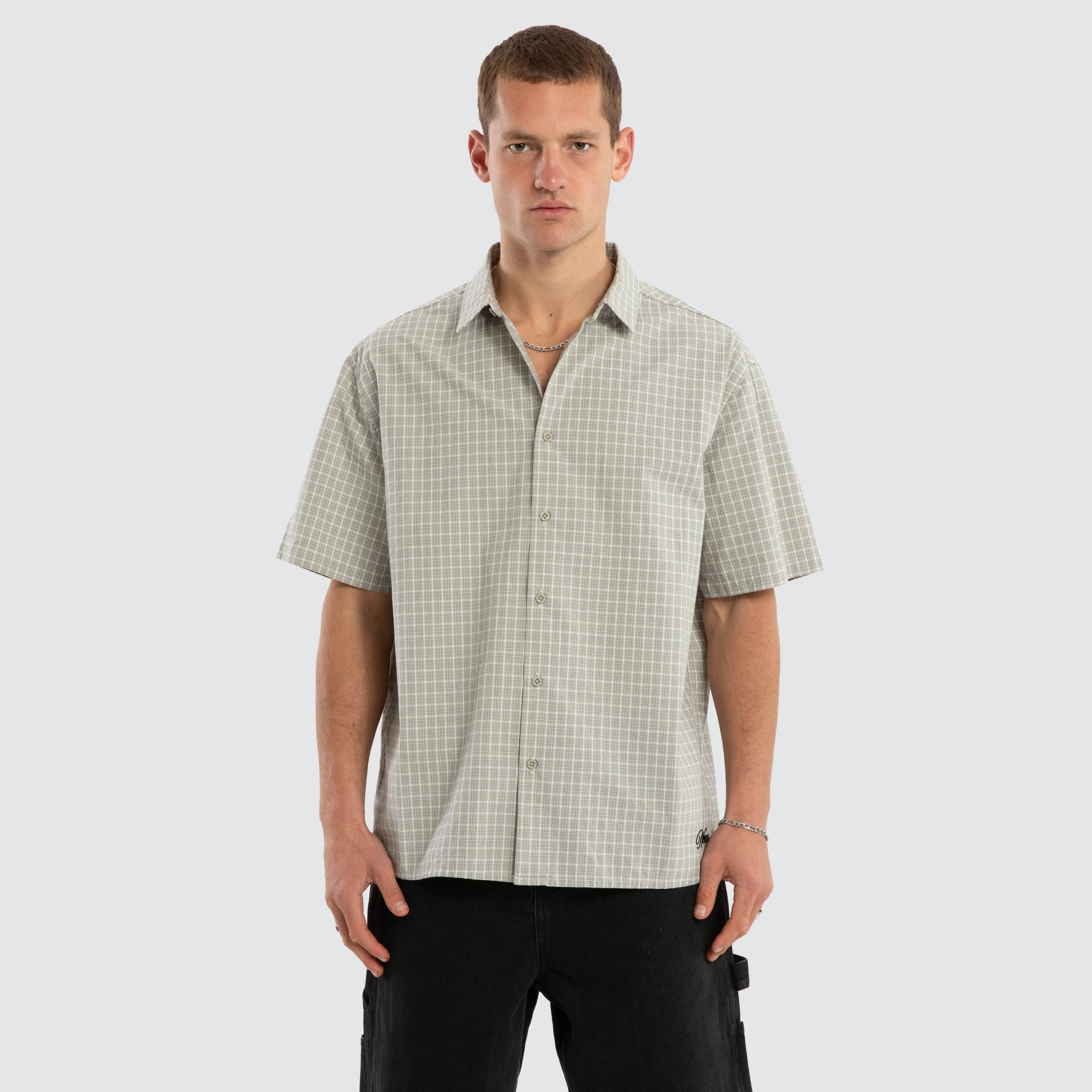 Baseline Button Up Short Sleeve Shirt Grey Check sold by Nena and Pasadena