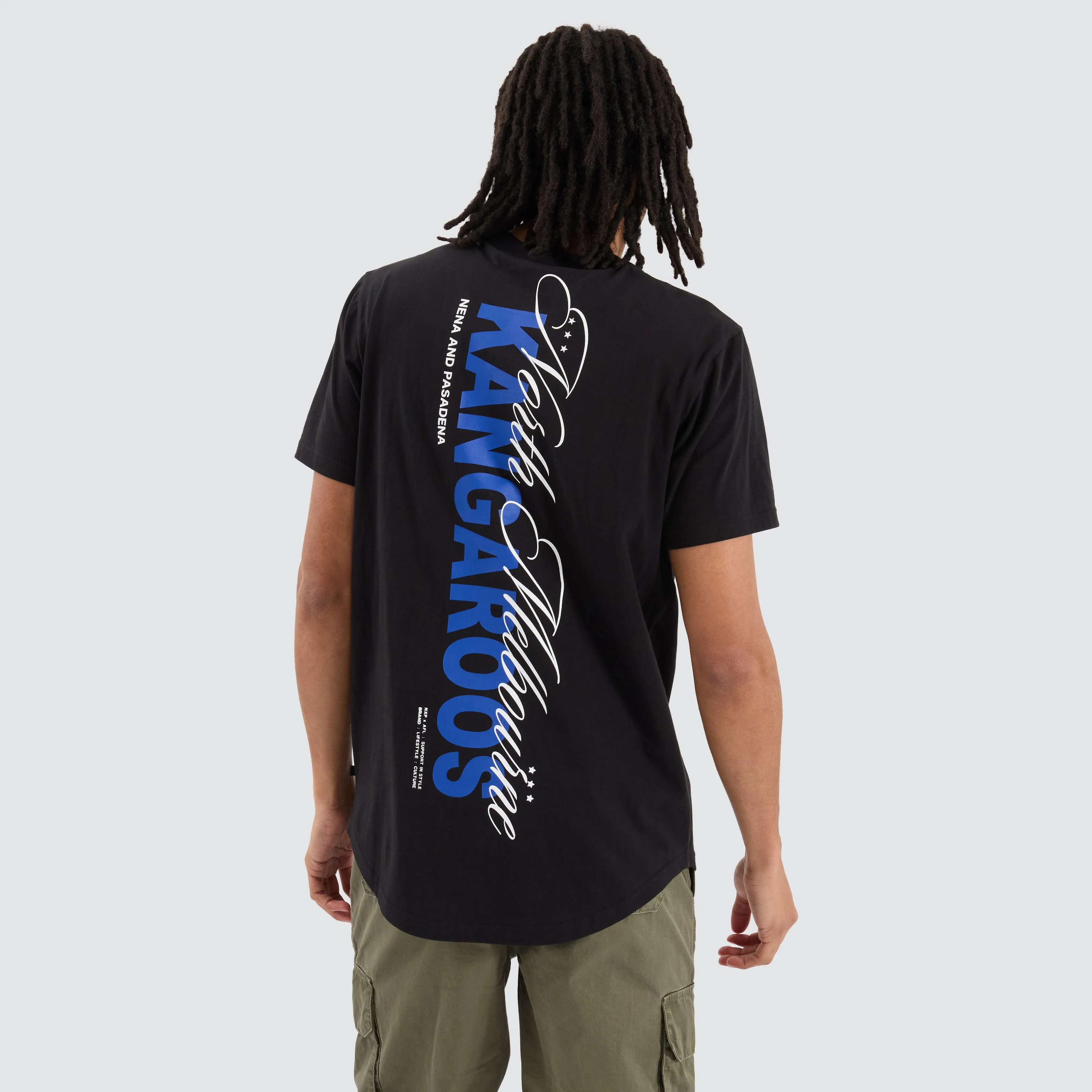 North Melbourne Kangaroos AFL Dual Curved Tee Jet Black sold by Nena and Pasadena