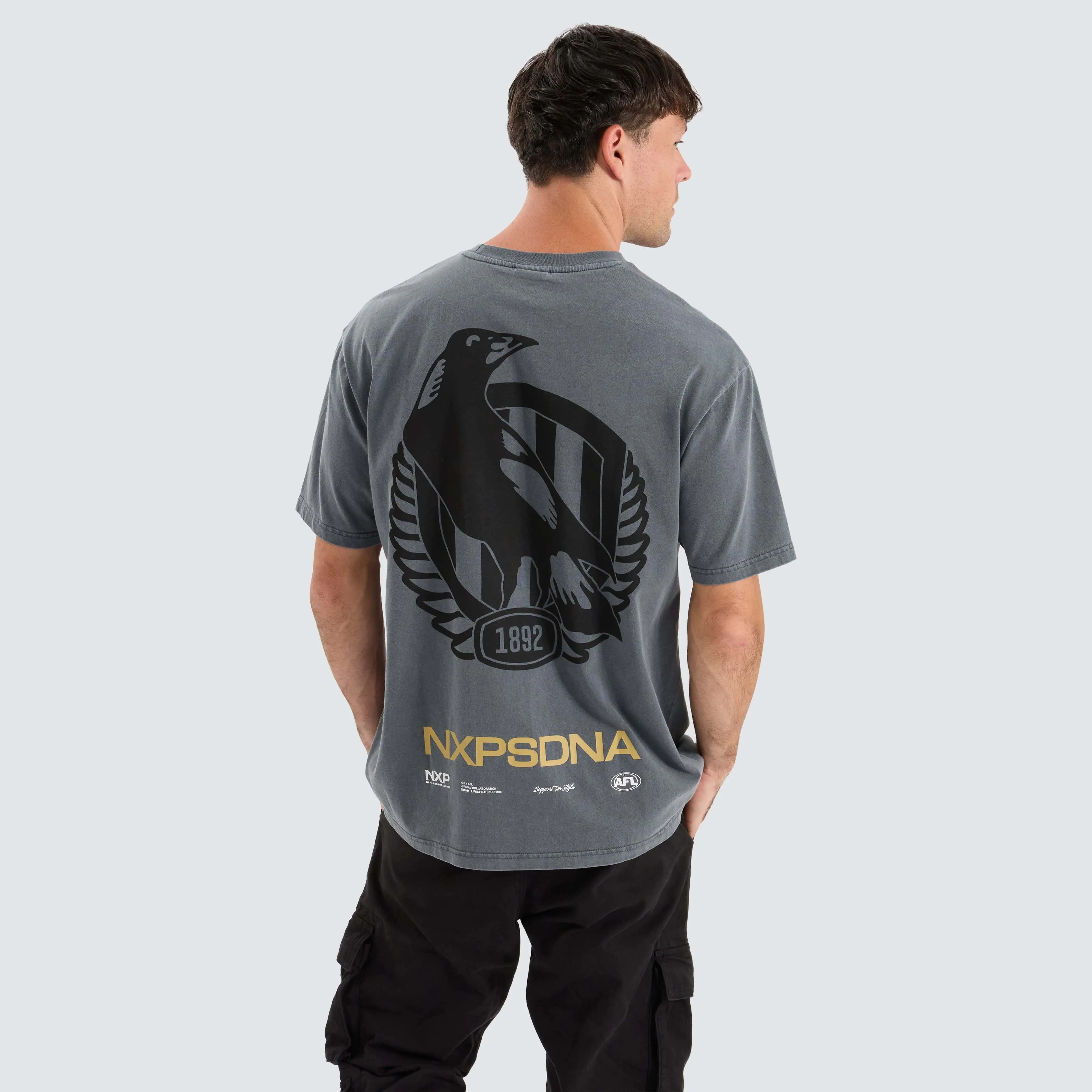 Collingwood Magpies AFL Box Fit Tee Pigment Charcoal sold by Nena and Pasadena