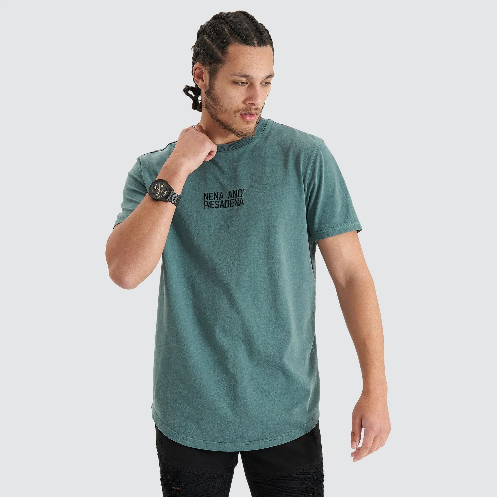 Blockade Dual Curved Tee Pigment Silver Pine sold by Nena and Pasadena