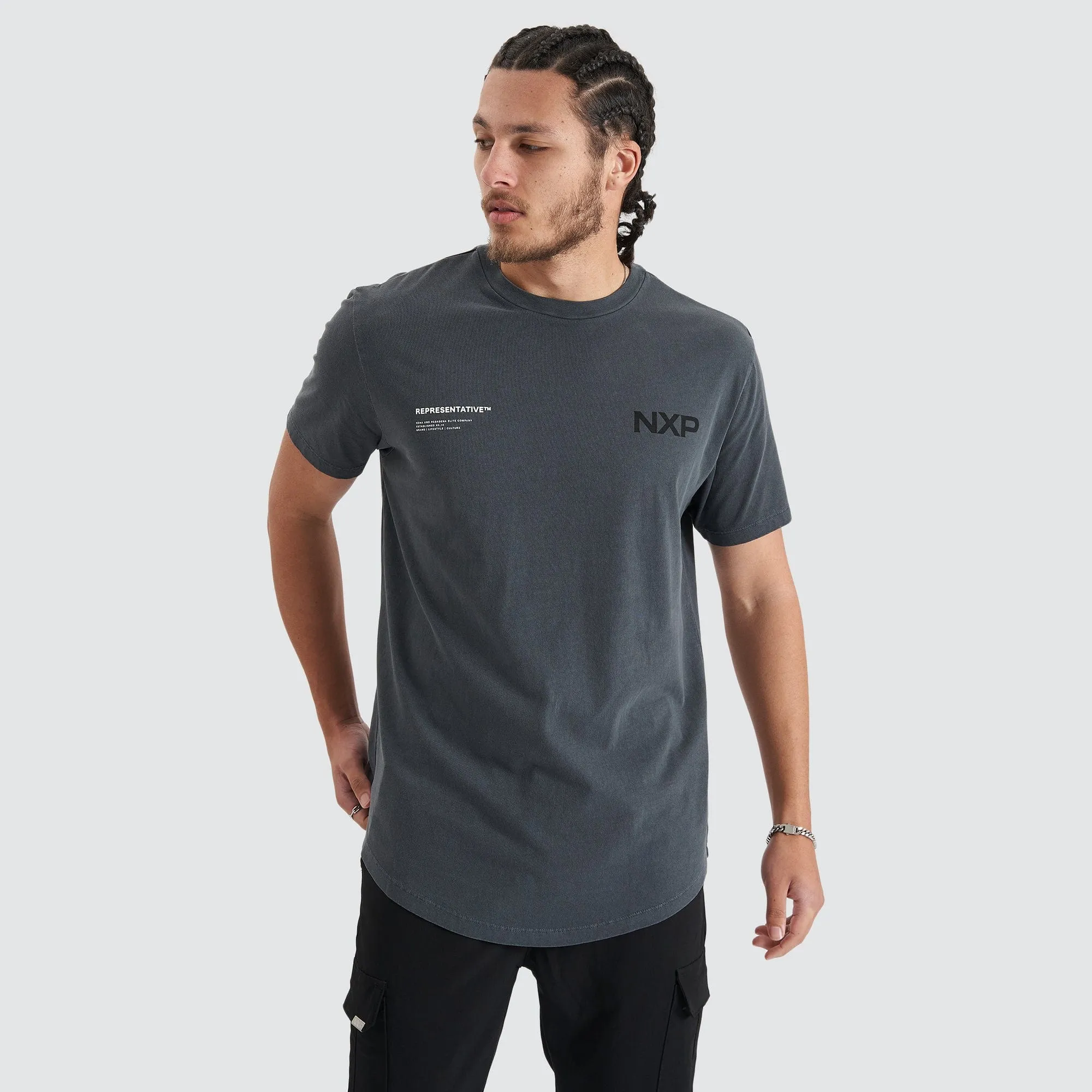 Delta Time Dual Curved Tee Pigment Asphalt sold by Nena and Pasadena