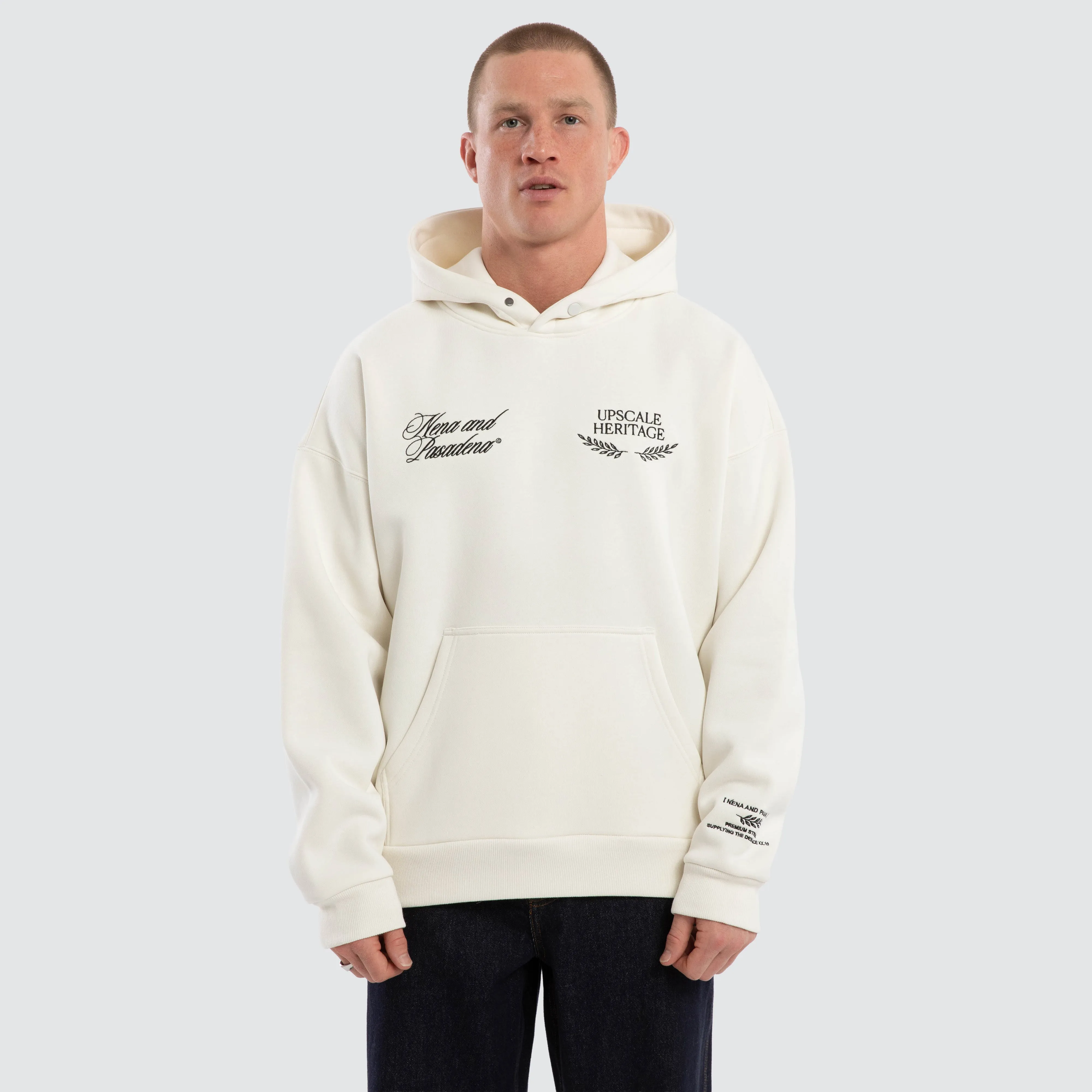 Etiquette Box Fit Hoodie Natural White sold by Nena and Pasadena