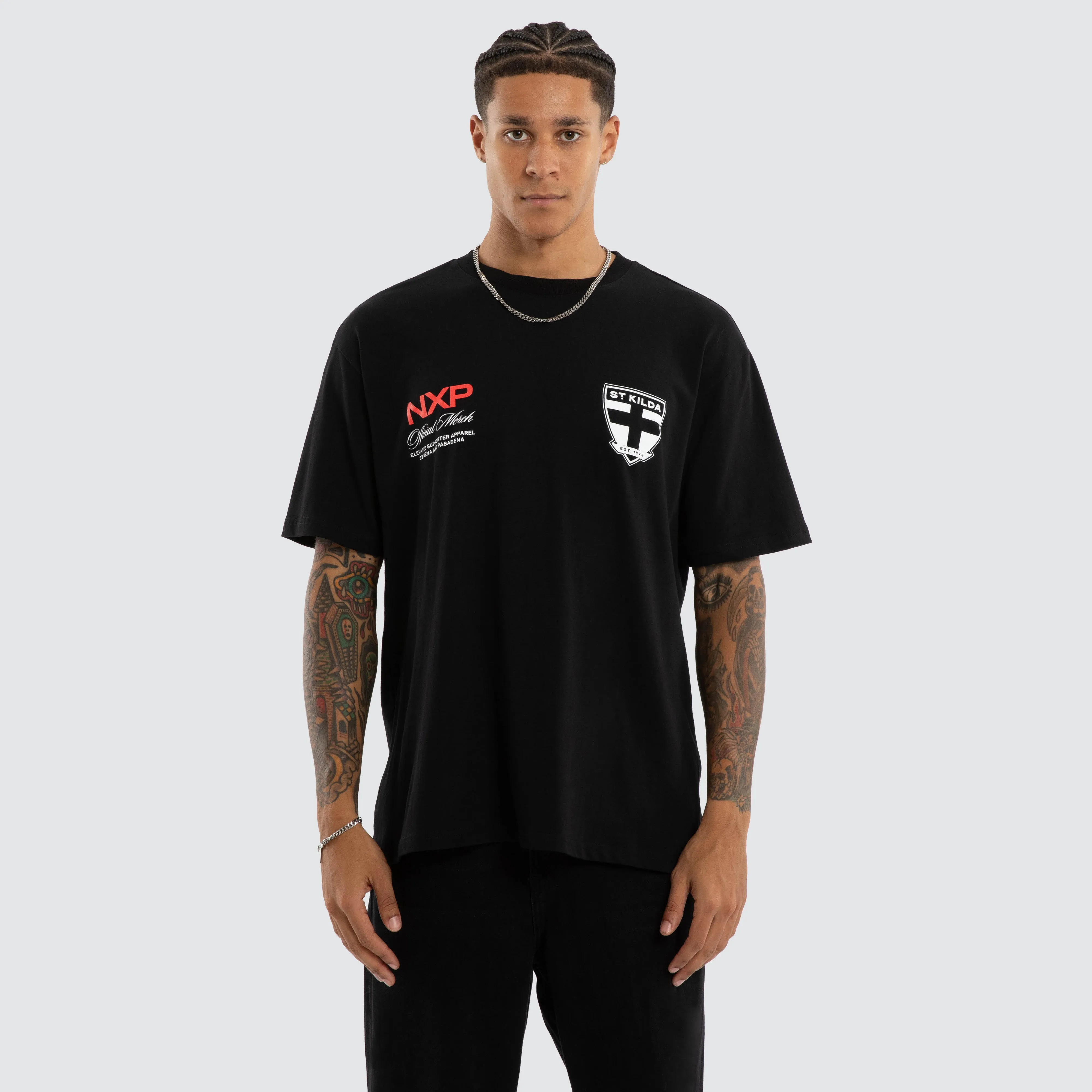 St Kilda Saints Grand Box Fit Tee Jet Black sold by Nena and Pasadena