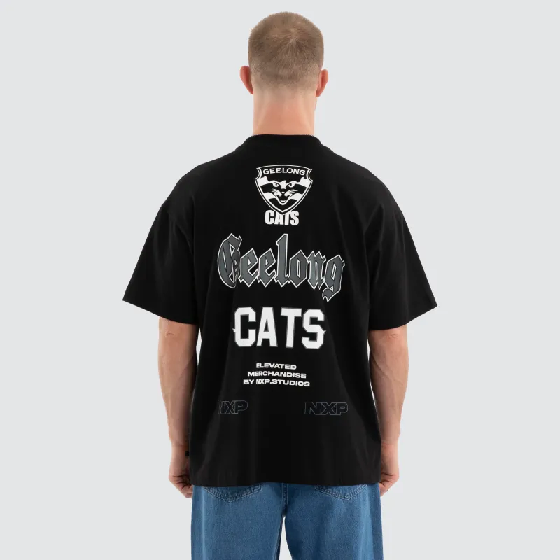 Geelong Cats Sticker Raptor Tee Jet Black made by Nena and Pasadena