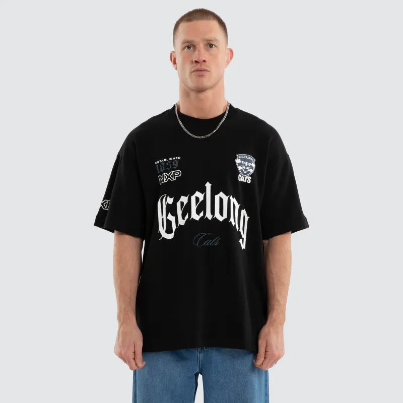 Geelong Cats Gold Raptor Tee Jet Black made by Nena and Pasadena