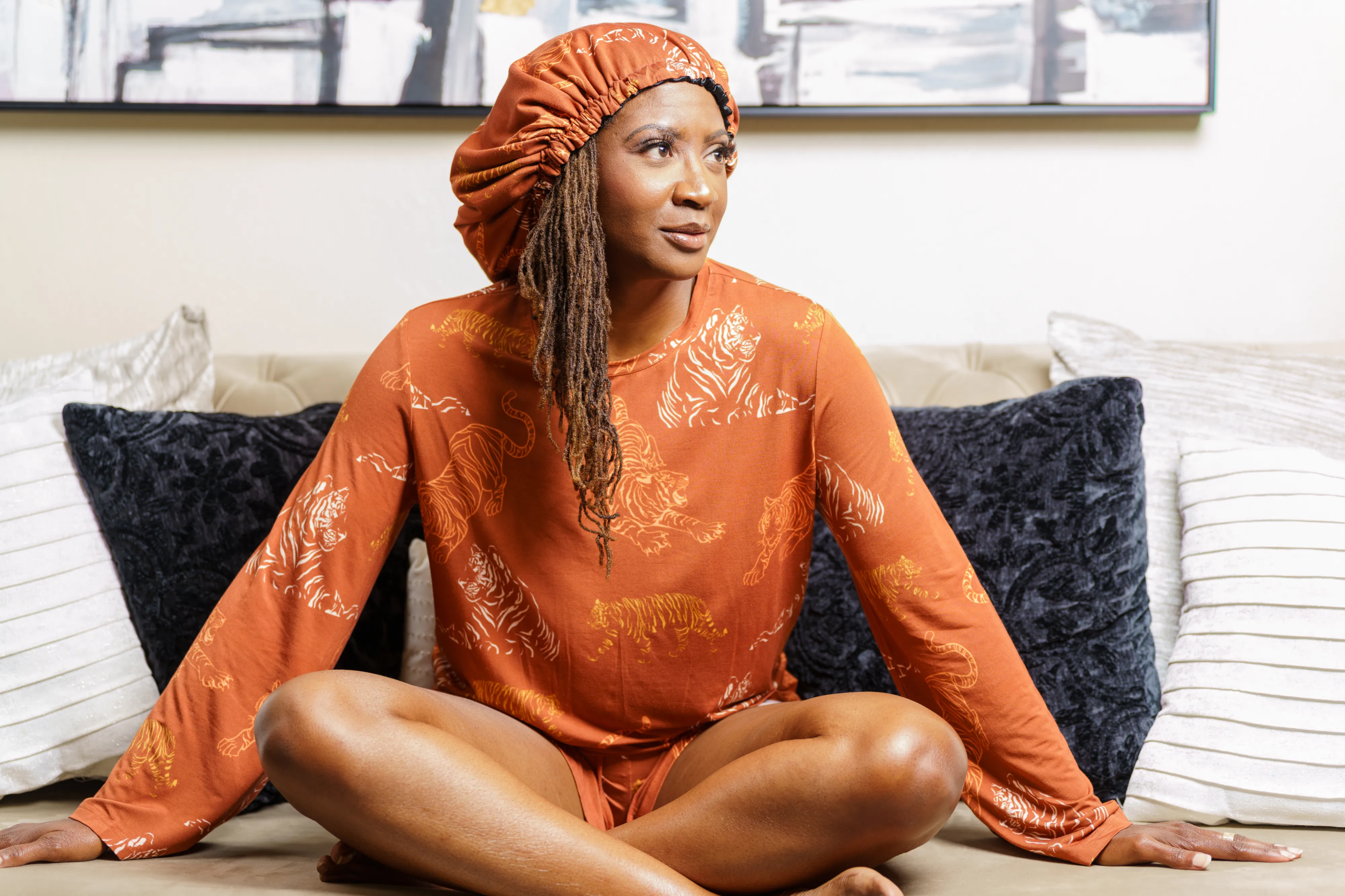 Tamed Tigers - Bamboo Pajama Shorts Set With A Matching Satin-Lined Bonnet sold by Sleep Sassy product image thumbnail 3