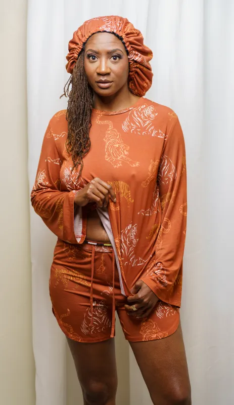 Tamed Tigers - Bamboo Pajama Shorts Set With A Matching Satin-Lined Bonnet sold by Sleep Sassy